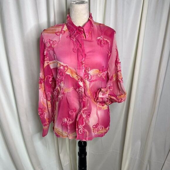 Sea Suns Vintage Floral Blouse Pink Sheer Ruffled Button Up Women's Medium 90s - Picture 5 of 12